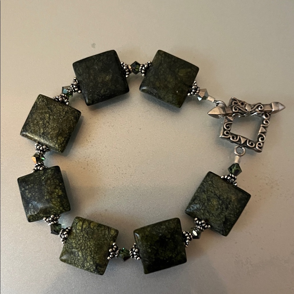Green Serpentine Stone Bracelet with Silver Accents